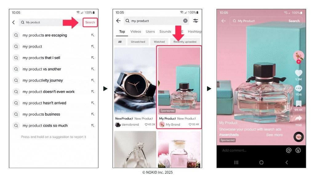 TikTok検索広告の表示：検索結果一覧と検索フィードの表示や流れを示した図